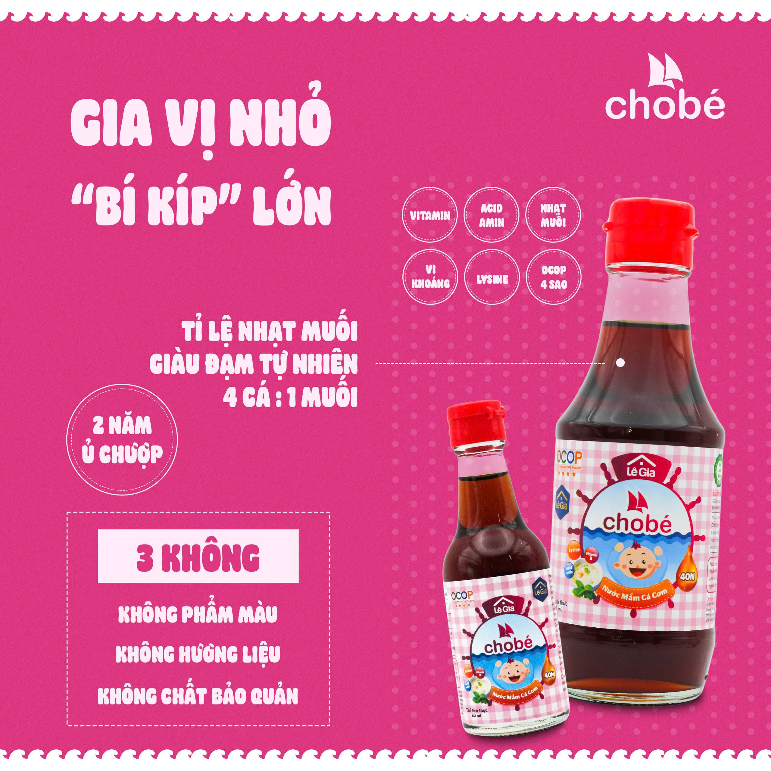 Nước mắm Lê Gia được làm từ cá cơm than và muối hạt tinh khiết an toàn cho bé. Có hậu vị ngọt, công thức giam muối phù hợp với vị giác của trẻ nhỏ