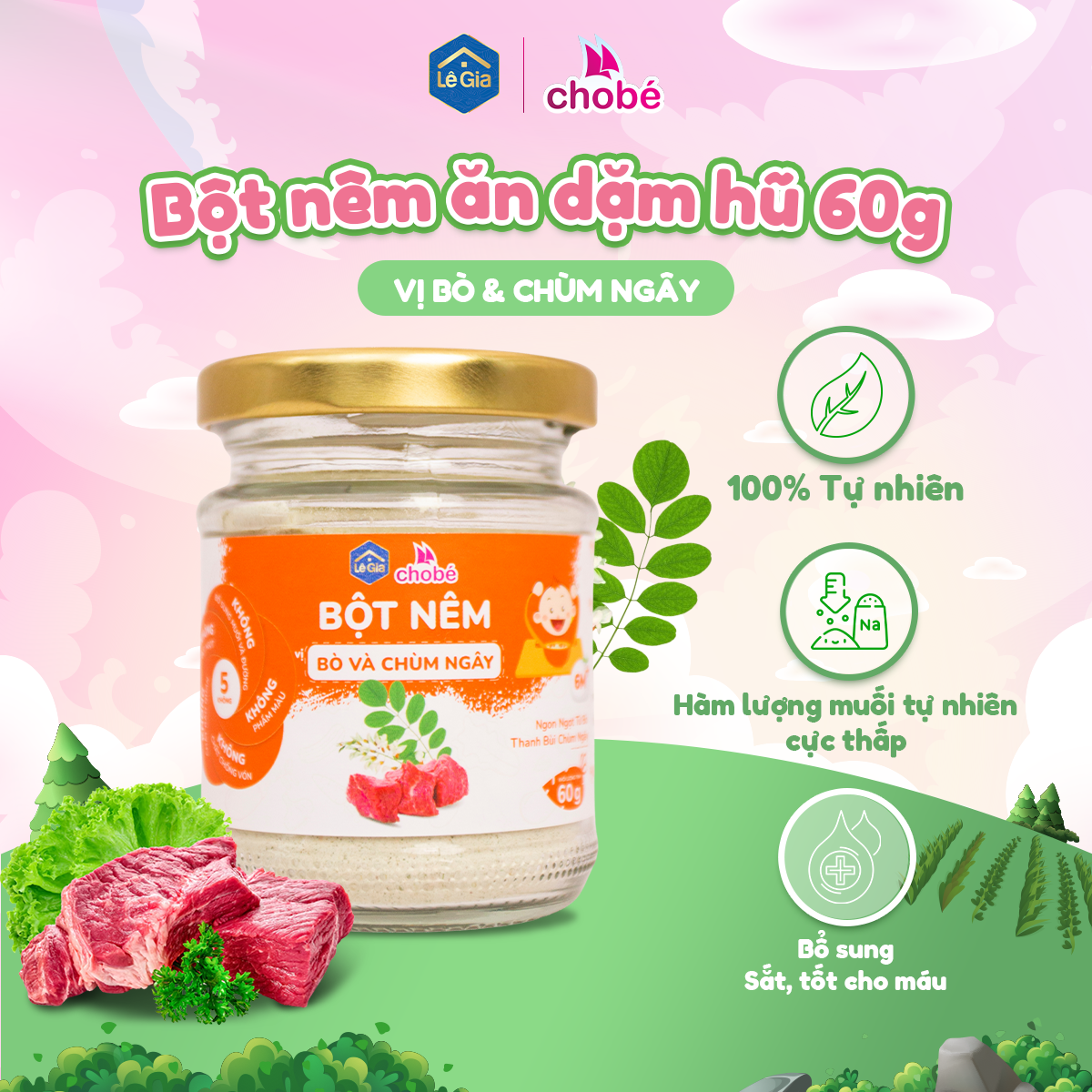 Bột nêm vị bò và chùm ngây hũ 60g